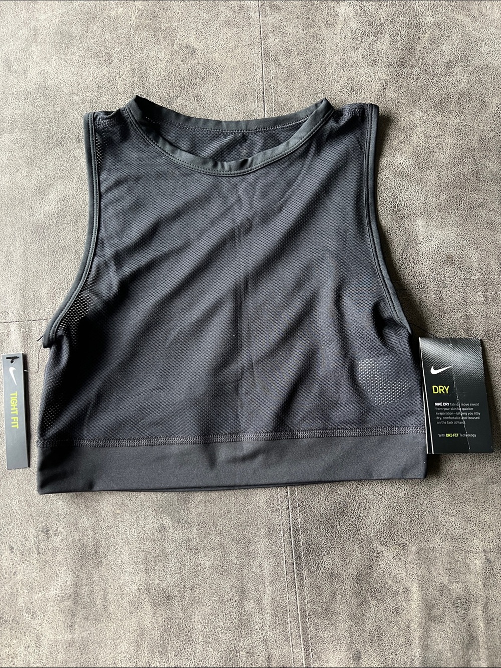 NWT! WMNS Nike Black Dri-Fit mesh fitted Crop Tank. 
Size XS.